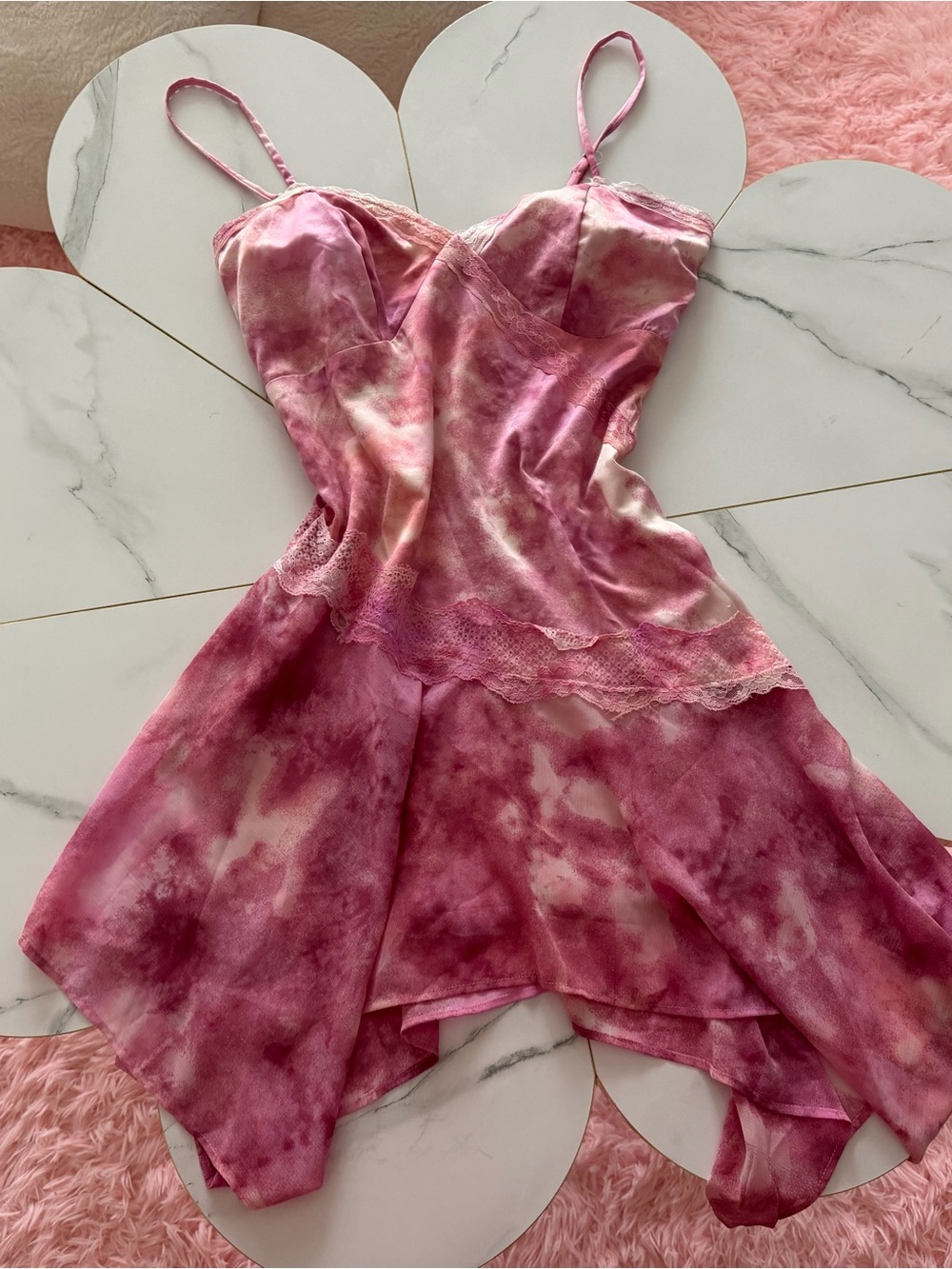 Cute Fairycore tie dye Pink Lace-Trim Camisole Slip